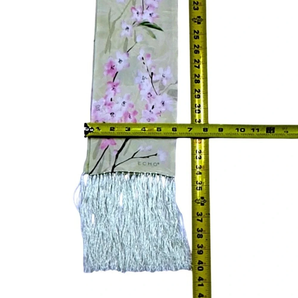 Echo Scarf Women Pastel Green Cherry Blossom Floral Fringed Silky Oblong 6x80